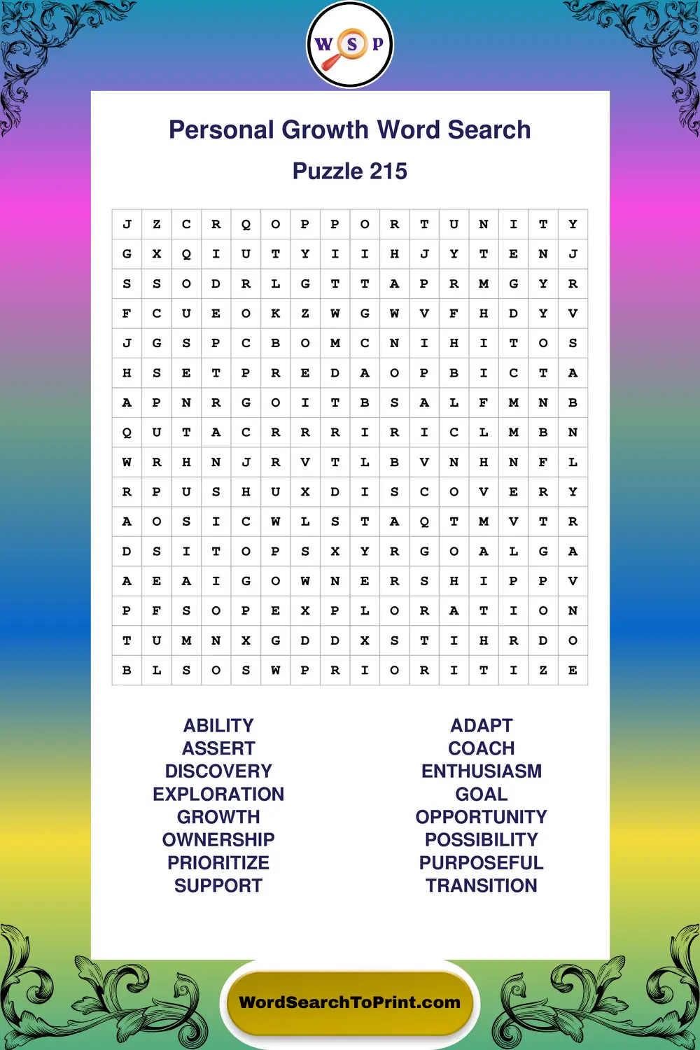 Personal Growth Word Search Puzzle 215