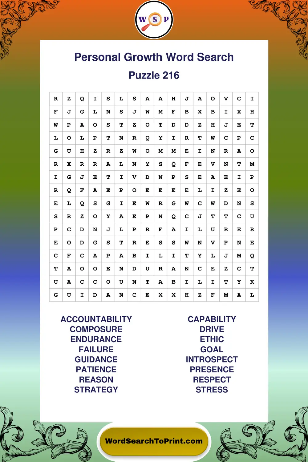 Personal Growth Word Search Puzzle 216