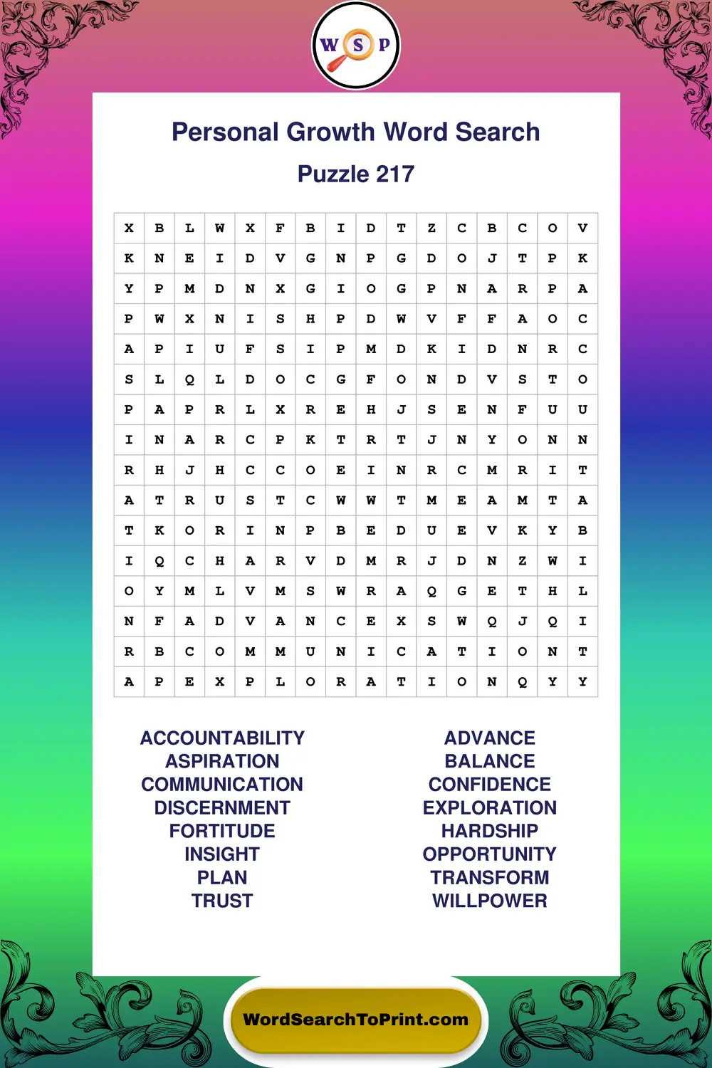Personal Growth Word Search Puzzle 217