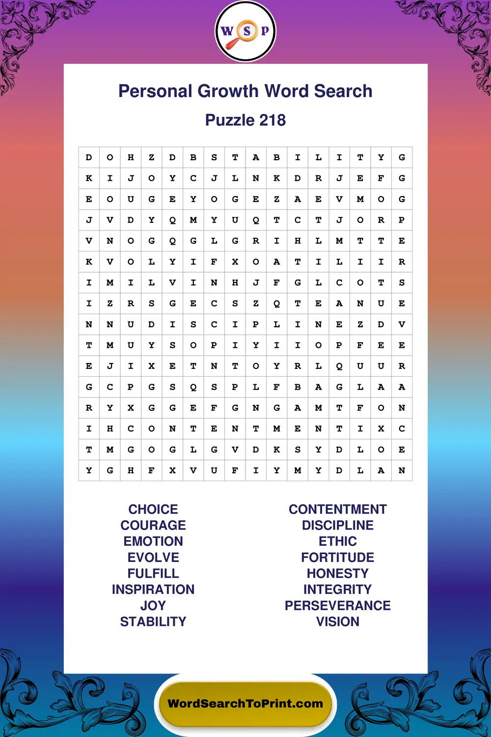 Personal Growth Word Search Puzzle 218