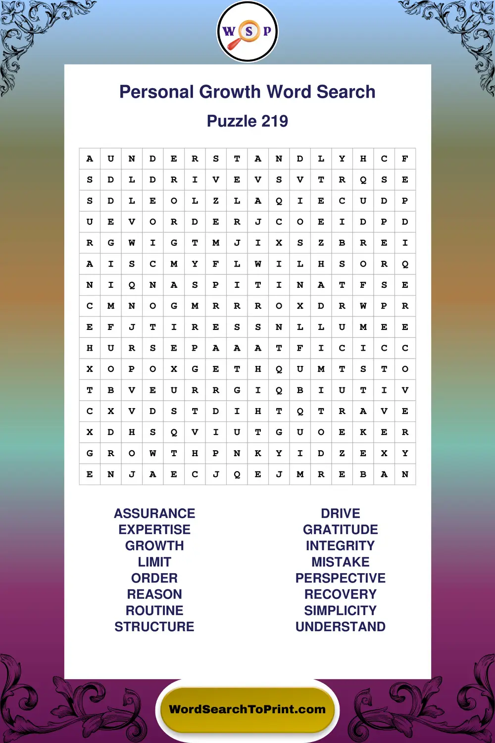 Personal Growth Word Search Puzzle 219
