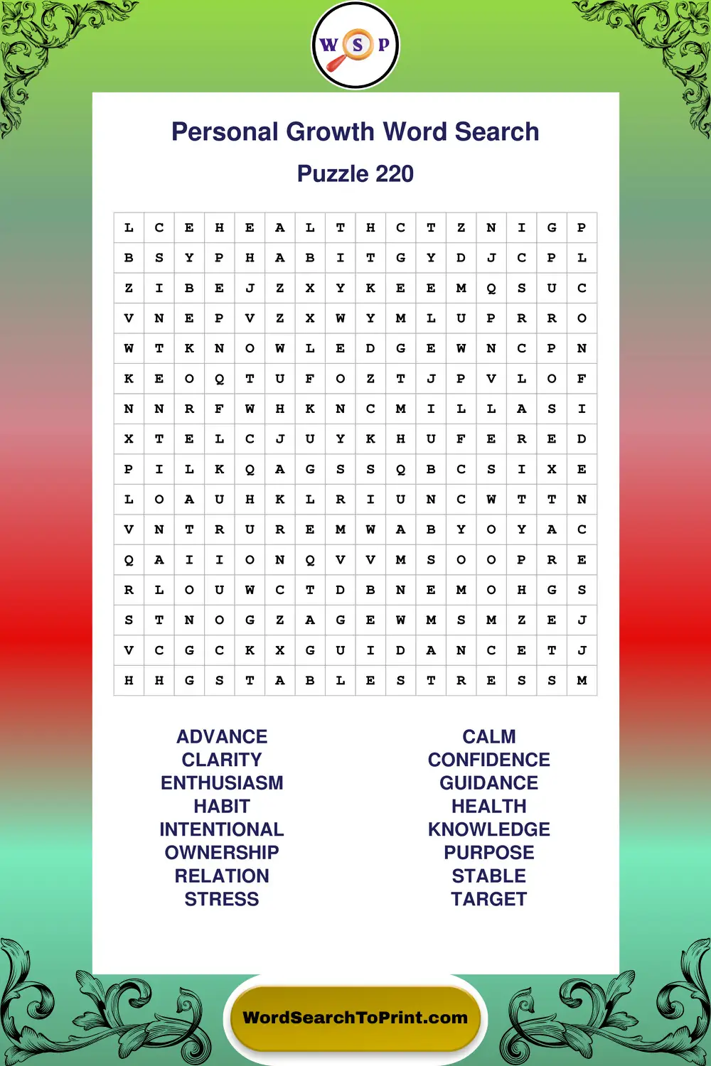 Personal Growth Word Search Puzzle 220