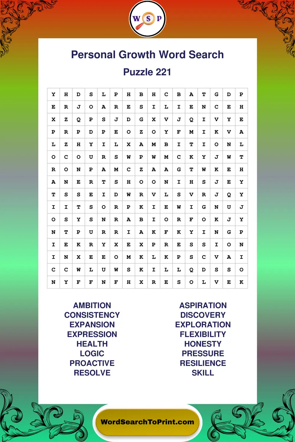 Personal Growth Word Search Puzzle 221