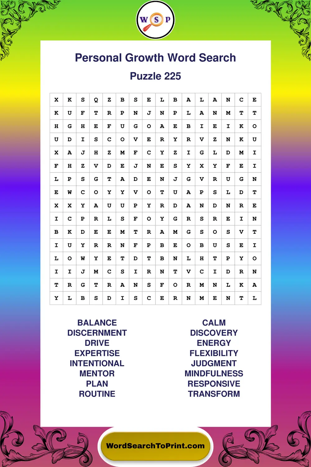 Personal Growth Word Search Puzzle 225