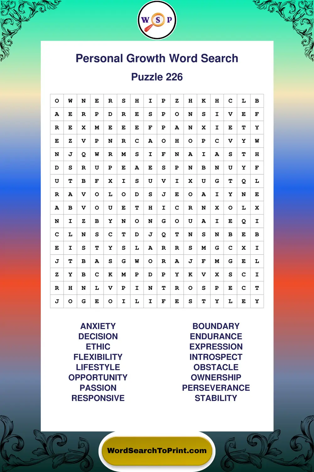 Personal Growth Word Search Puzzle 226