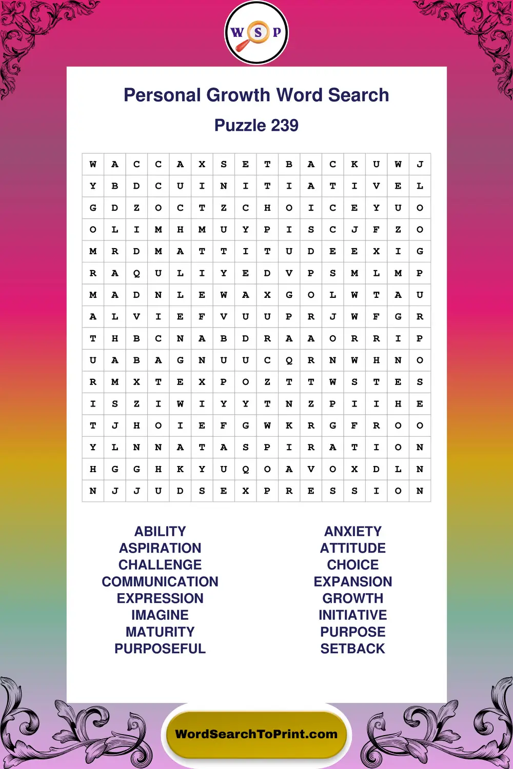 Personal Growth Word Search Puzzle 239