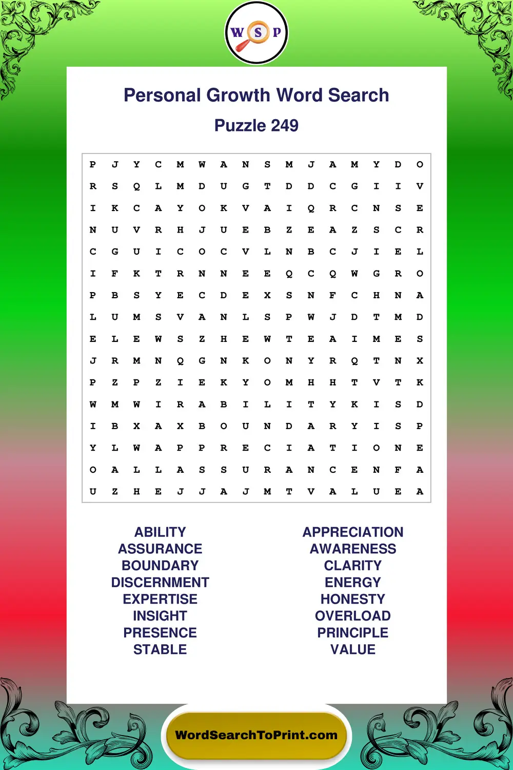 Personal Growth Word Search Puzzle 249