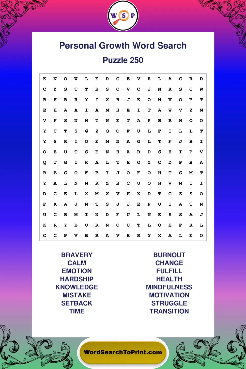 Personal Growth Word Search Puzzle 250
