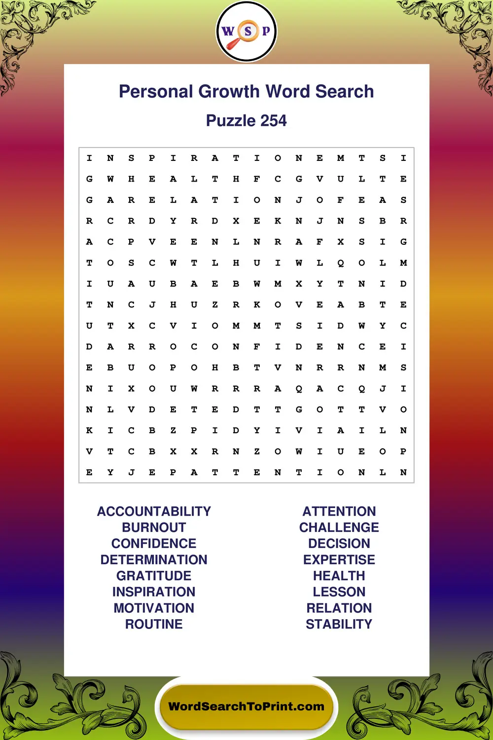 Personal Growth Word Search Puzzle 254