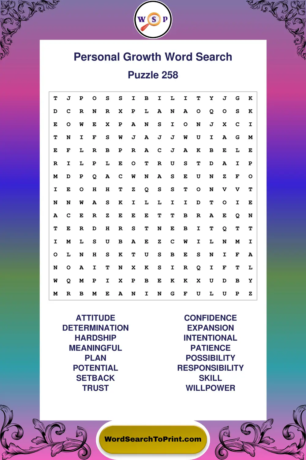 Personal Growth Word Search Puzzle 258
