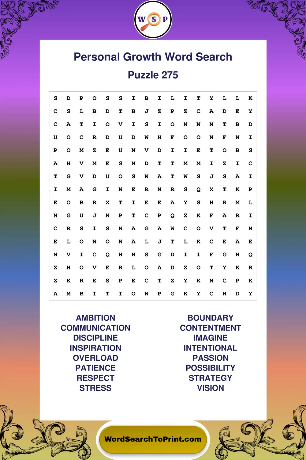 Personal Growth Word Search Puzzle 275