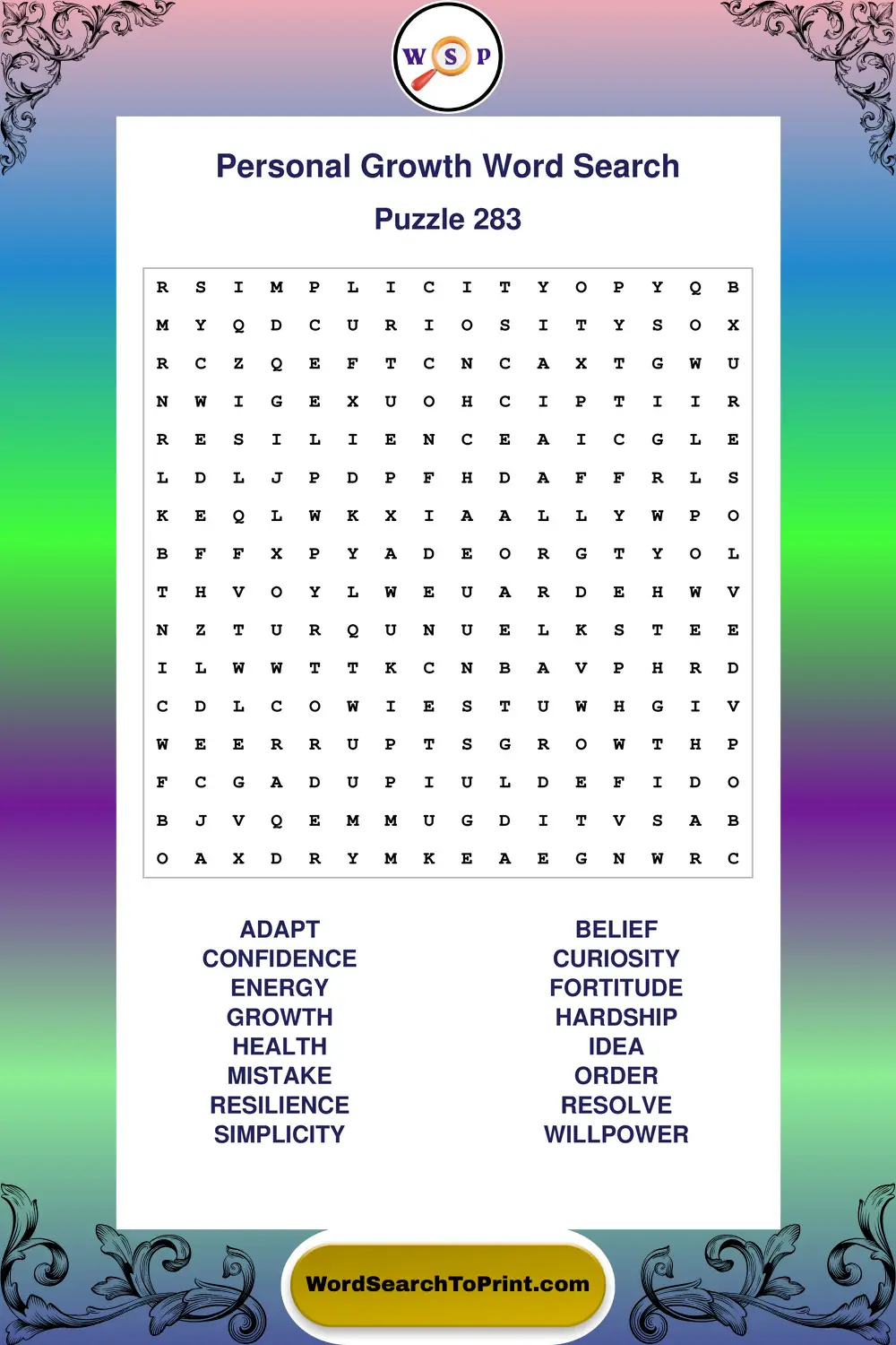 Personal Growth Word Search Puzzle 283