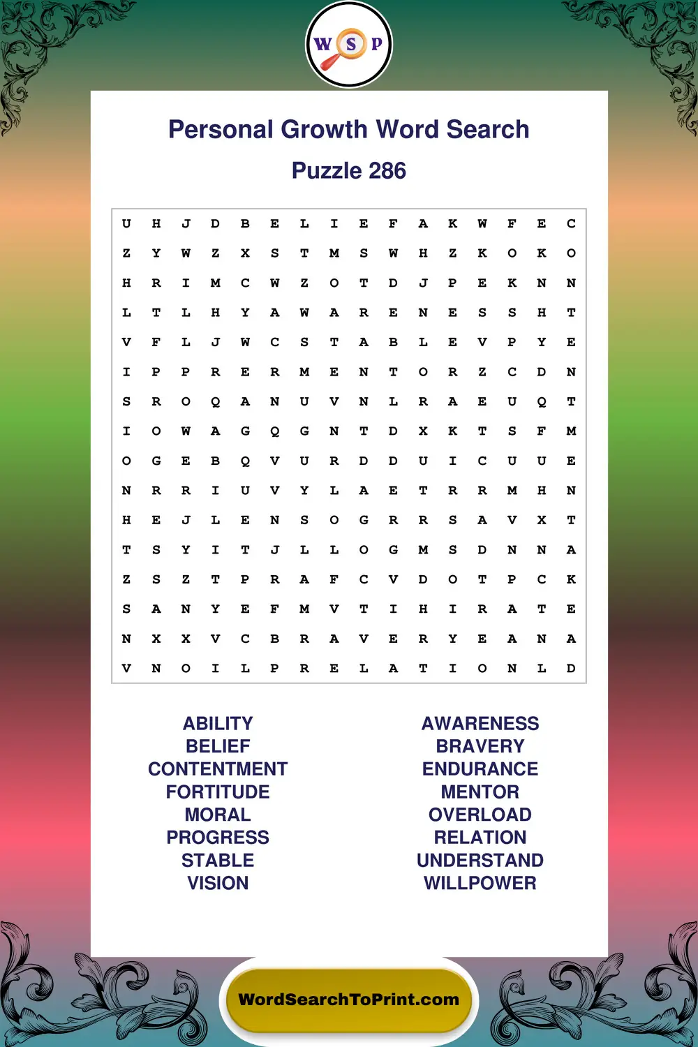 Personal Growth Word Search Puzzle 286