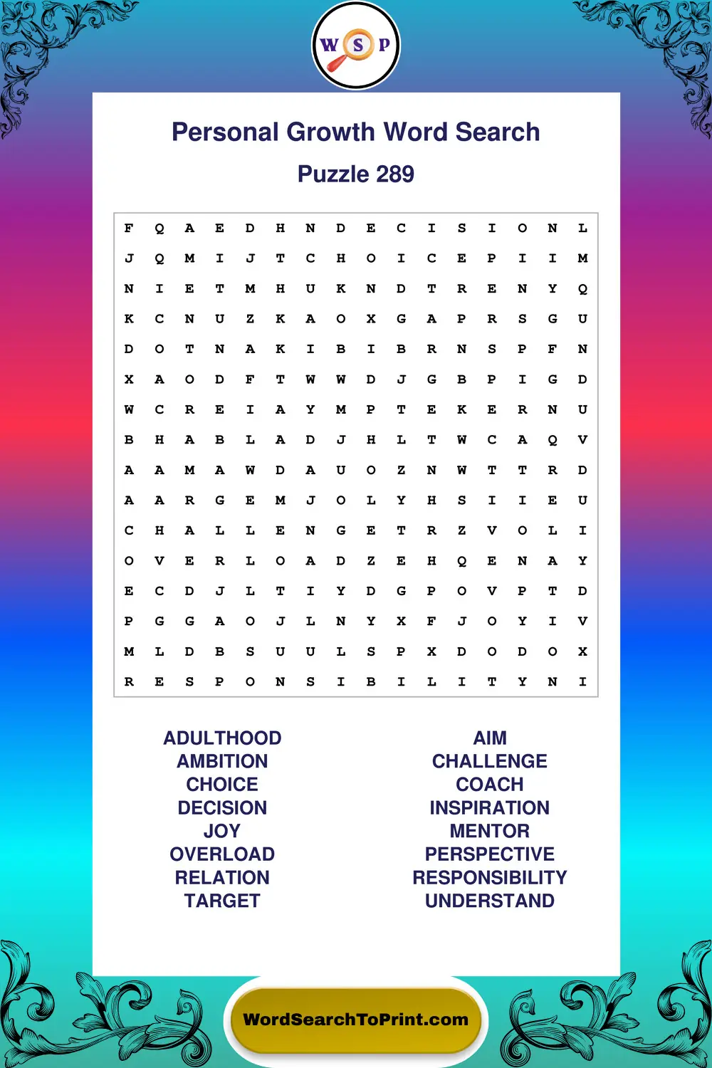 Personal Growth Word Search Puzzle 289