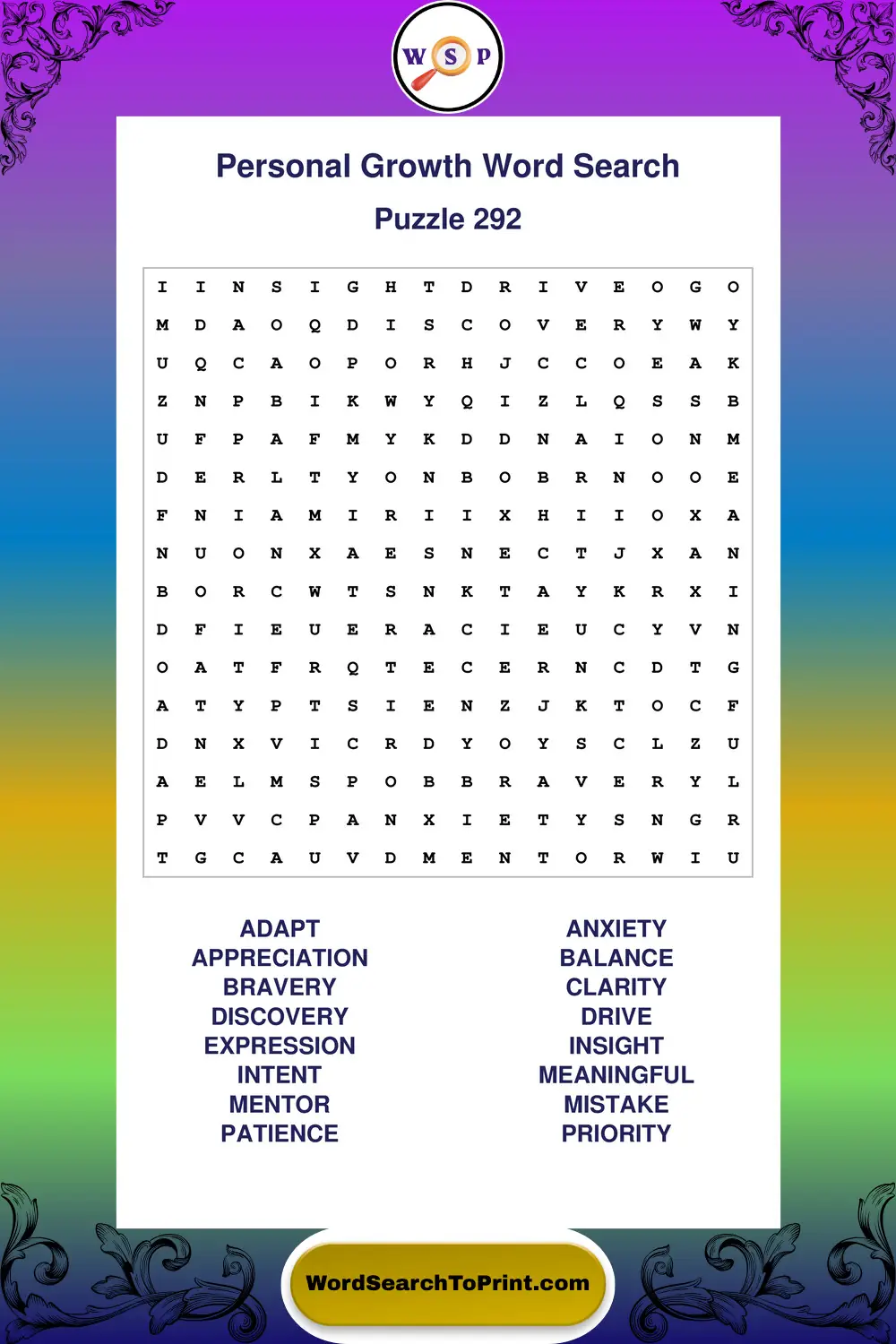 Personal Growth Word Search Puzzle 292