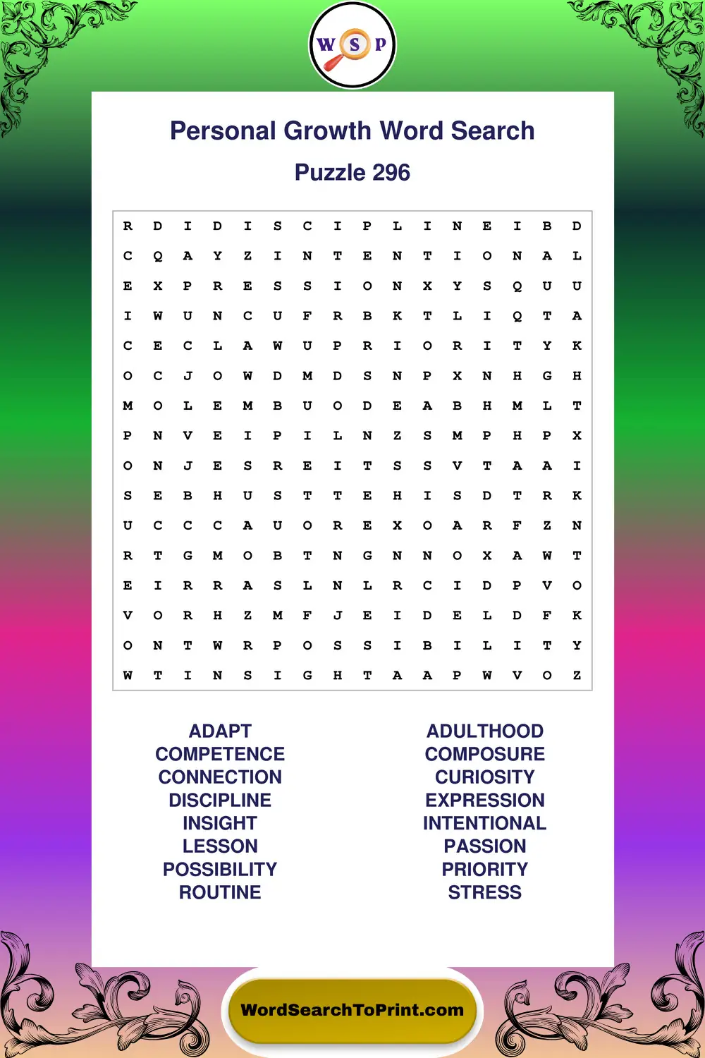 Personal Growth Word Search Puzzle 296