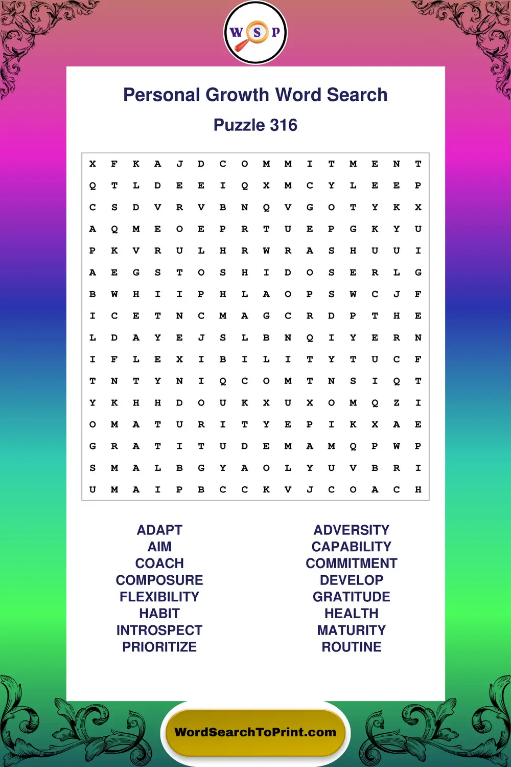 Personal Growth Word Search Puzzle 316