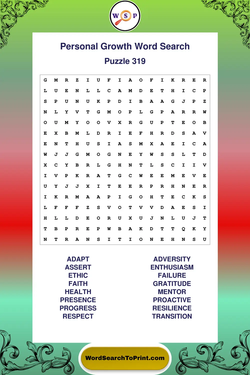 Personal Growth Word Search Puzzle 319