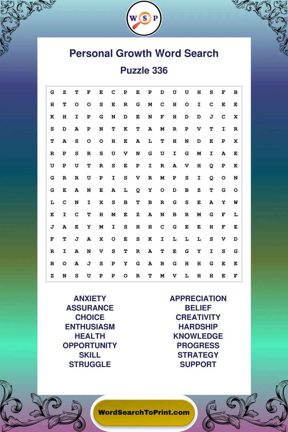 Personal Growth Word Search Puzzle 336