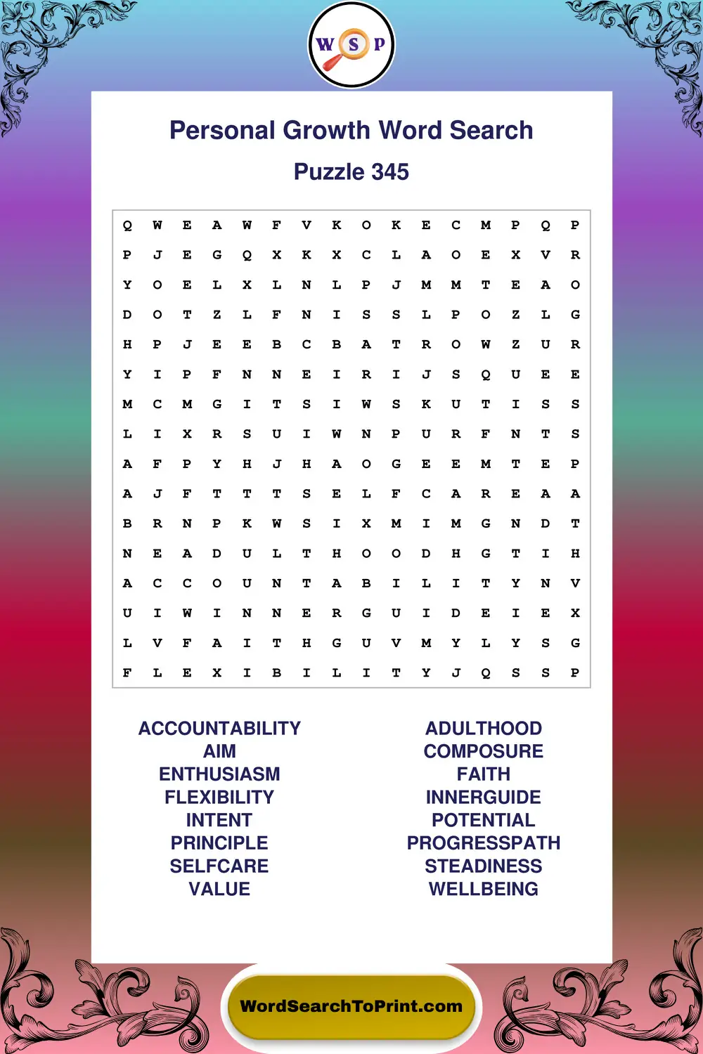 Personal Growth Word Search Puzzle 345