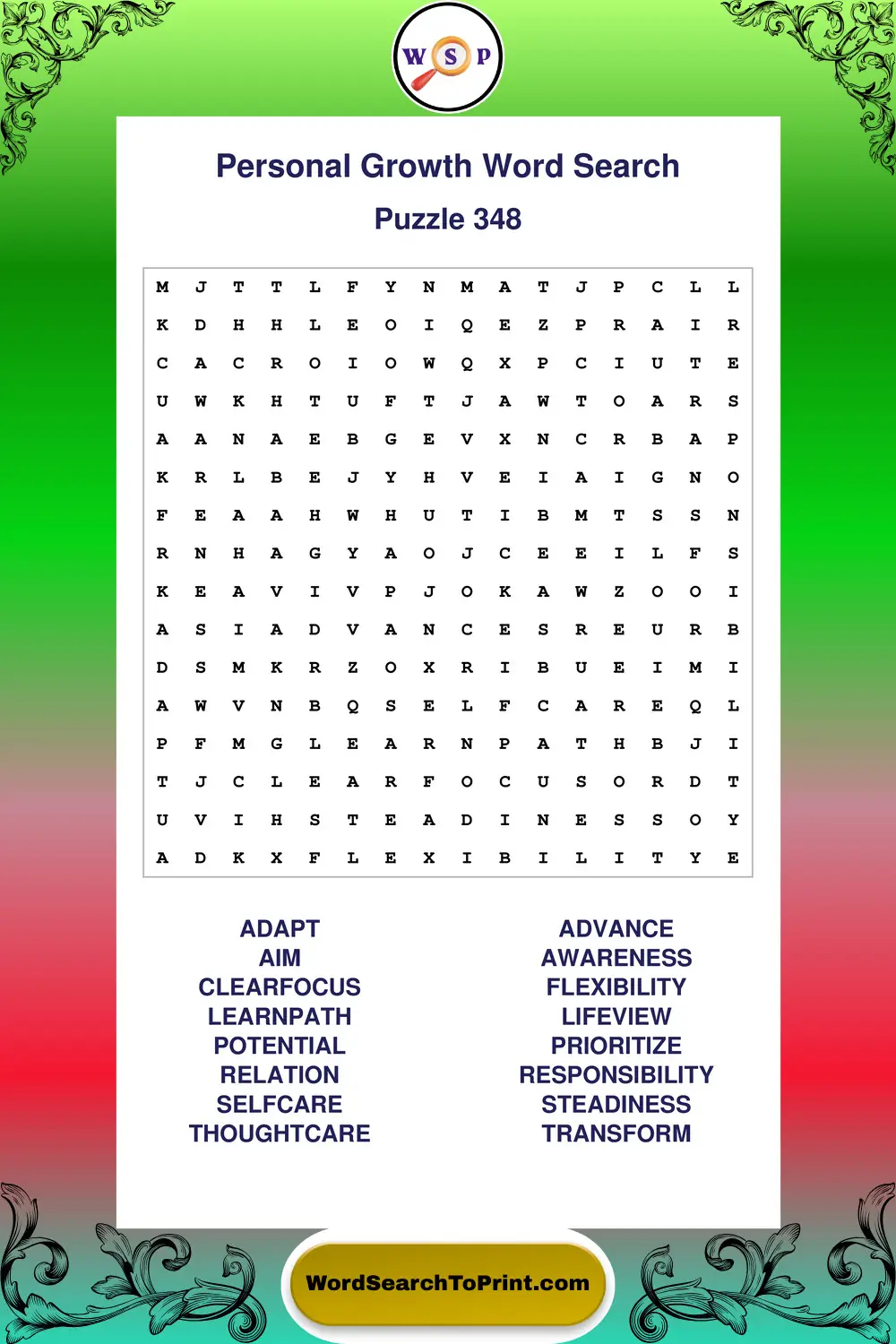 Personal Growth Word Search Puzzle 348