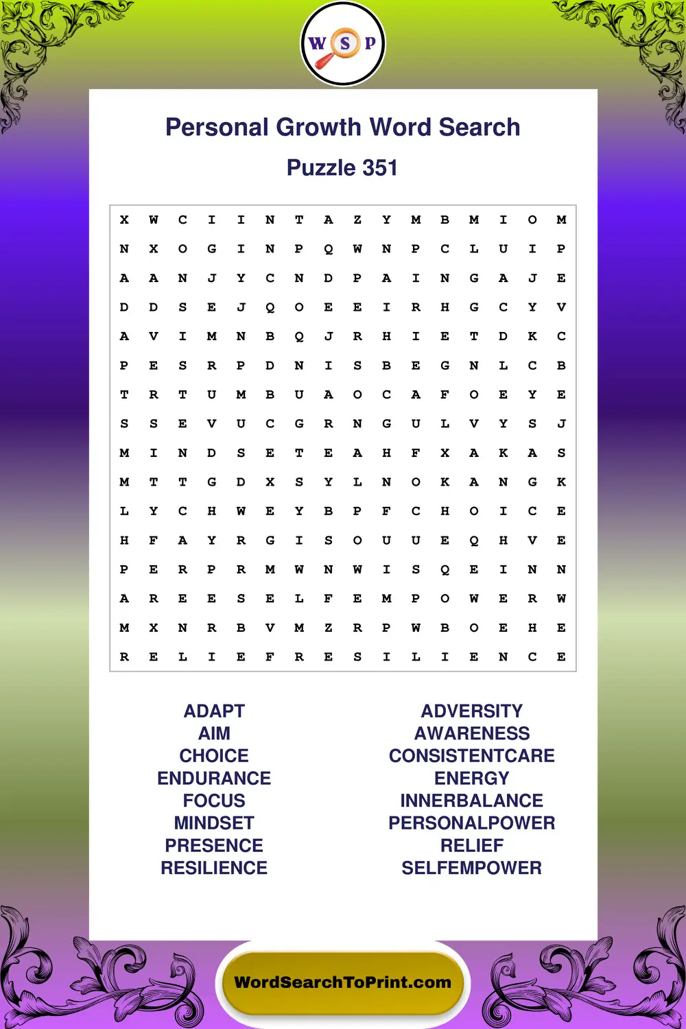 Personal Growth Word Search Puzzle 351