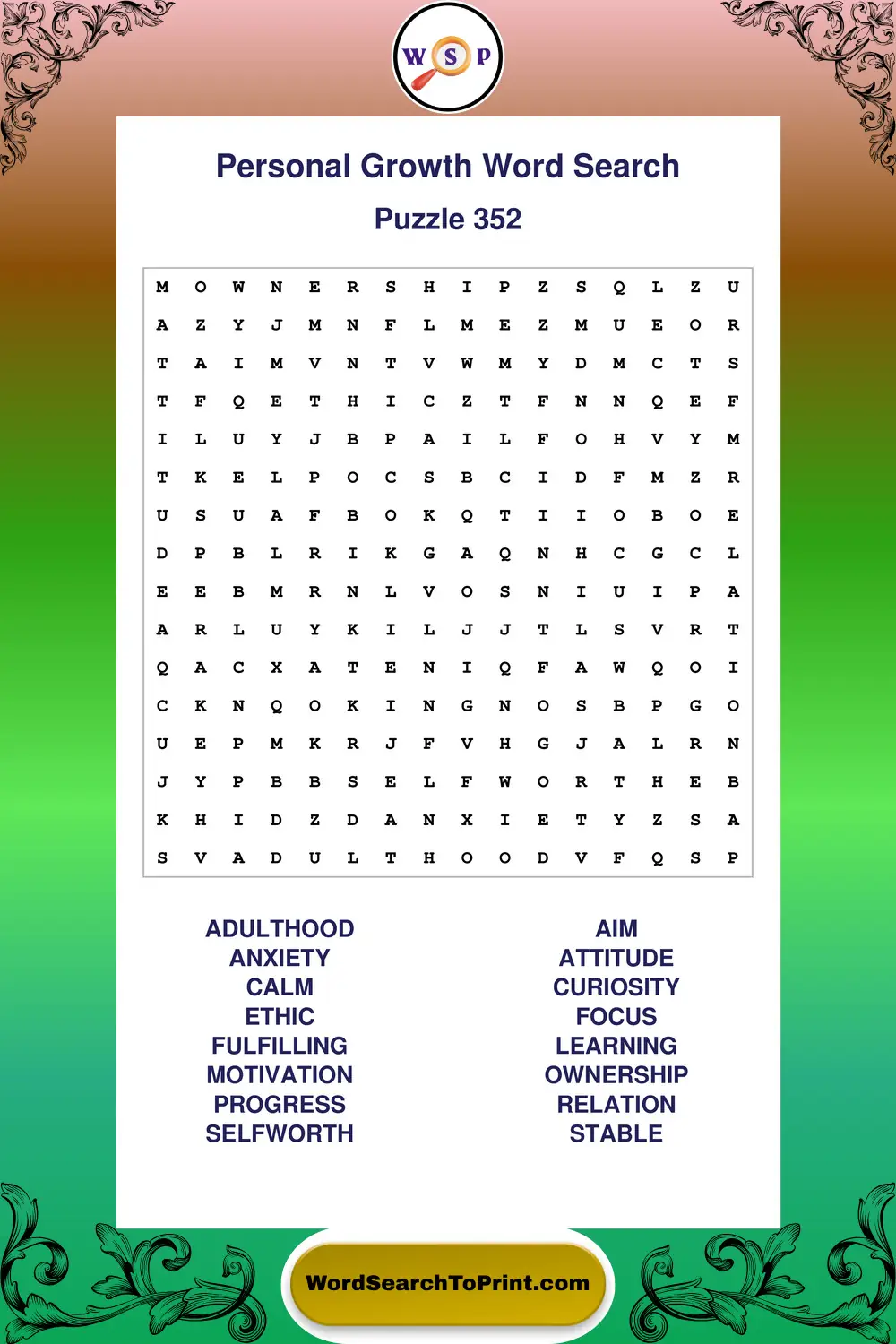 Personal Growth Word Search Puzzle 352