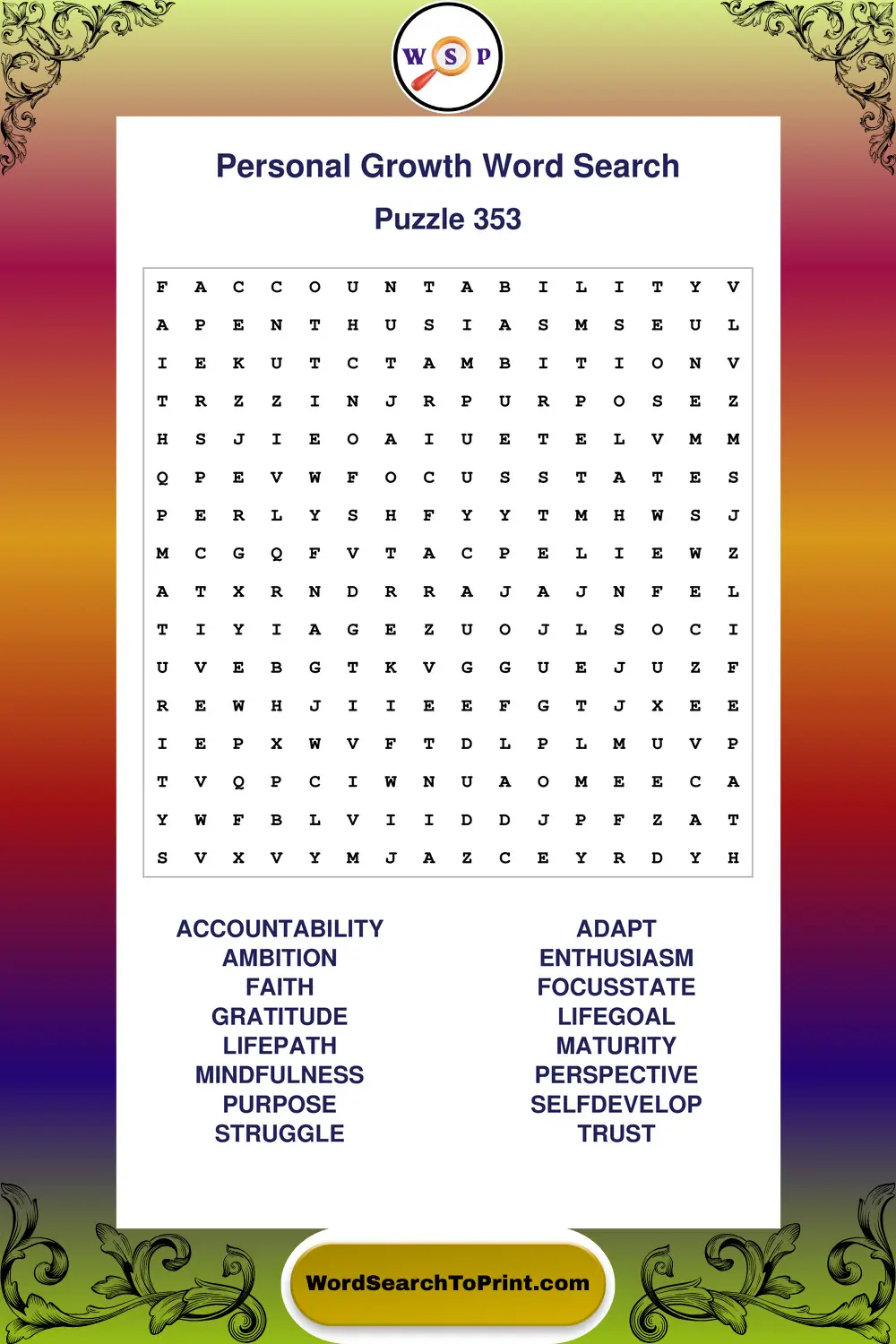 Personal Growth Word Search Puzzle 353