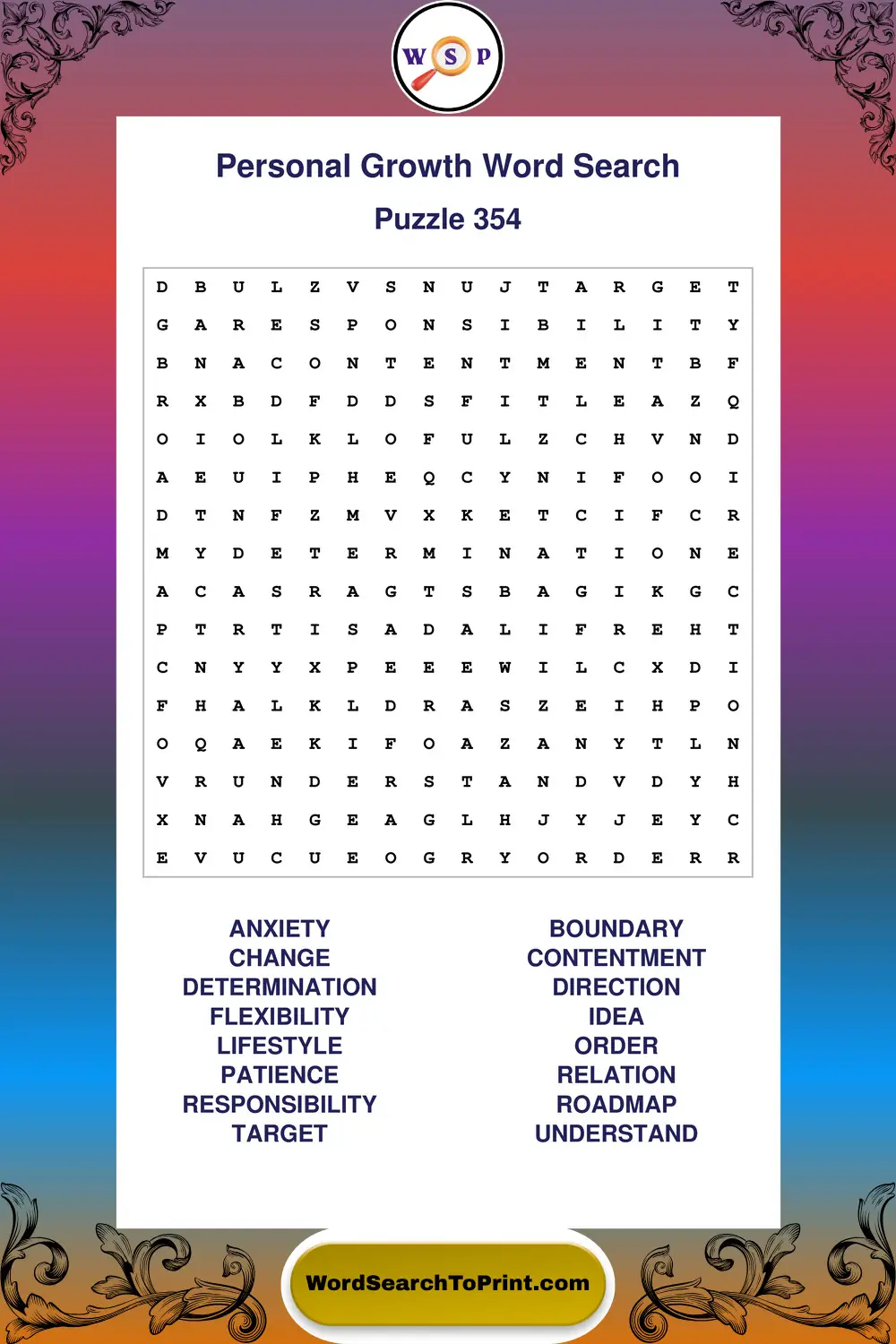 Personal Growth Word Search Puzzle 354