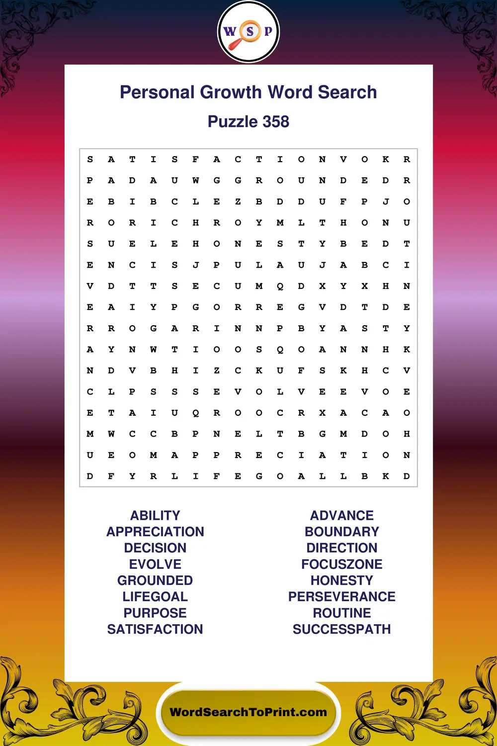 Personal Growth Word Search Puzzle 358