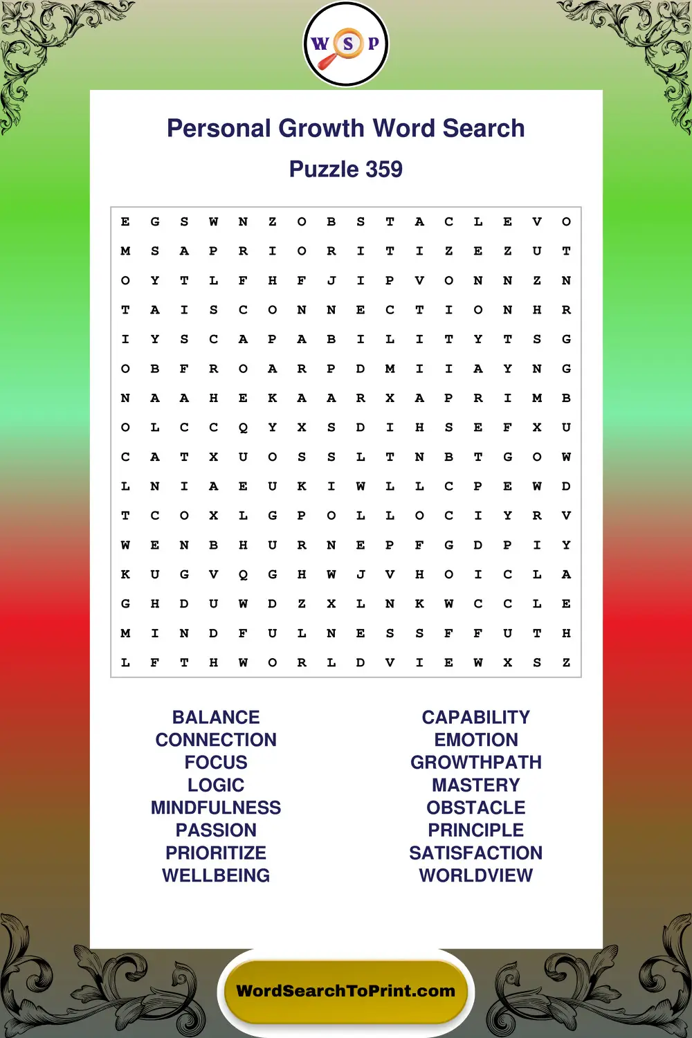 Personal Growth Word Search Puzzle 359