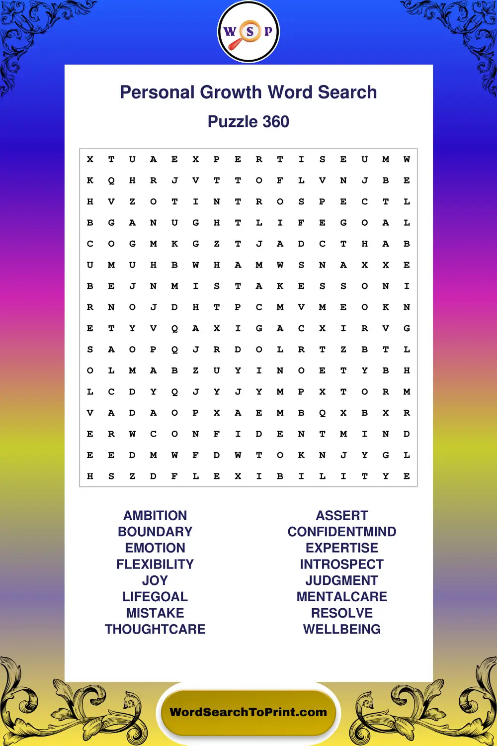 Personal Growth Word Search Puzzle 360