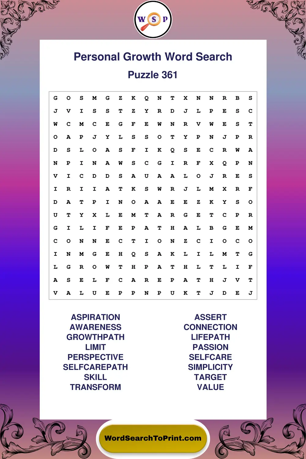 Personal Growth Word Search Puzzle 361
