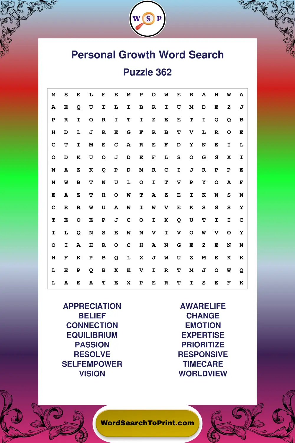 Personal Growth Word Search Puzzle 362