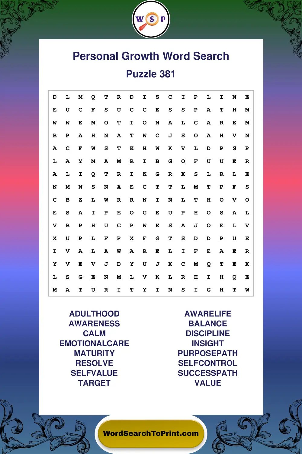 Personal Growth Word Search Puzzle 381