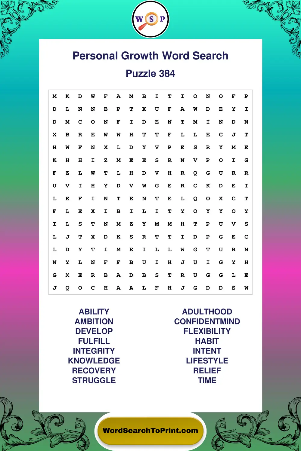 Personal Growth Word Search Puzzle 384