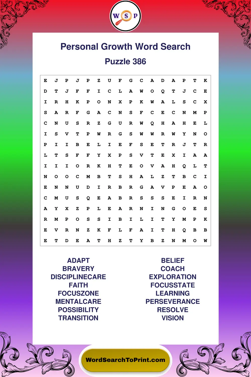 Personal Growth Word Search Puzzle 386