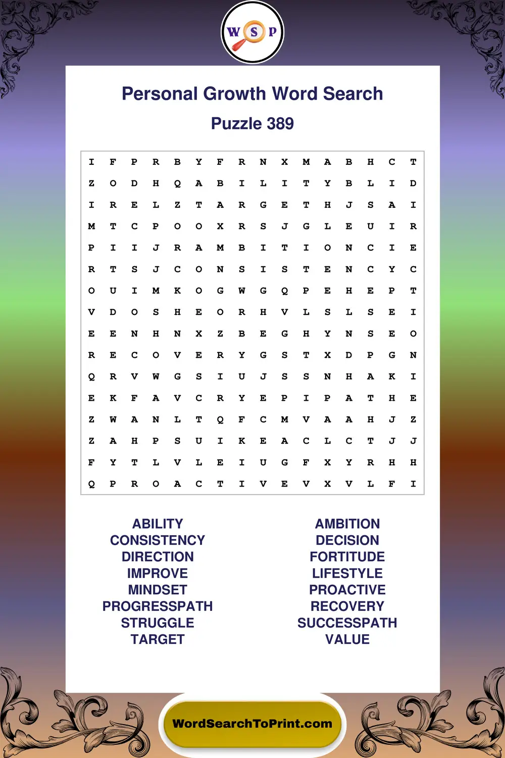 Personal Growth Word Search Puzzle 389