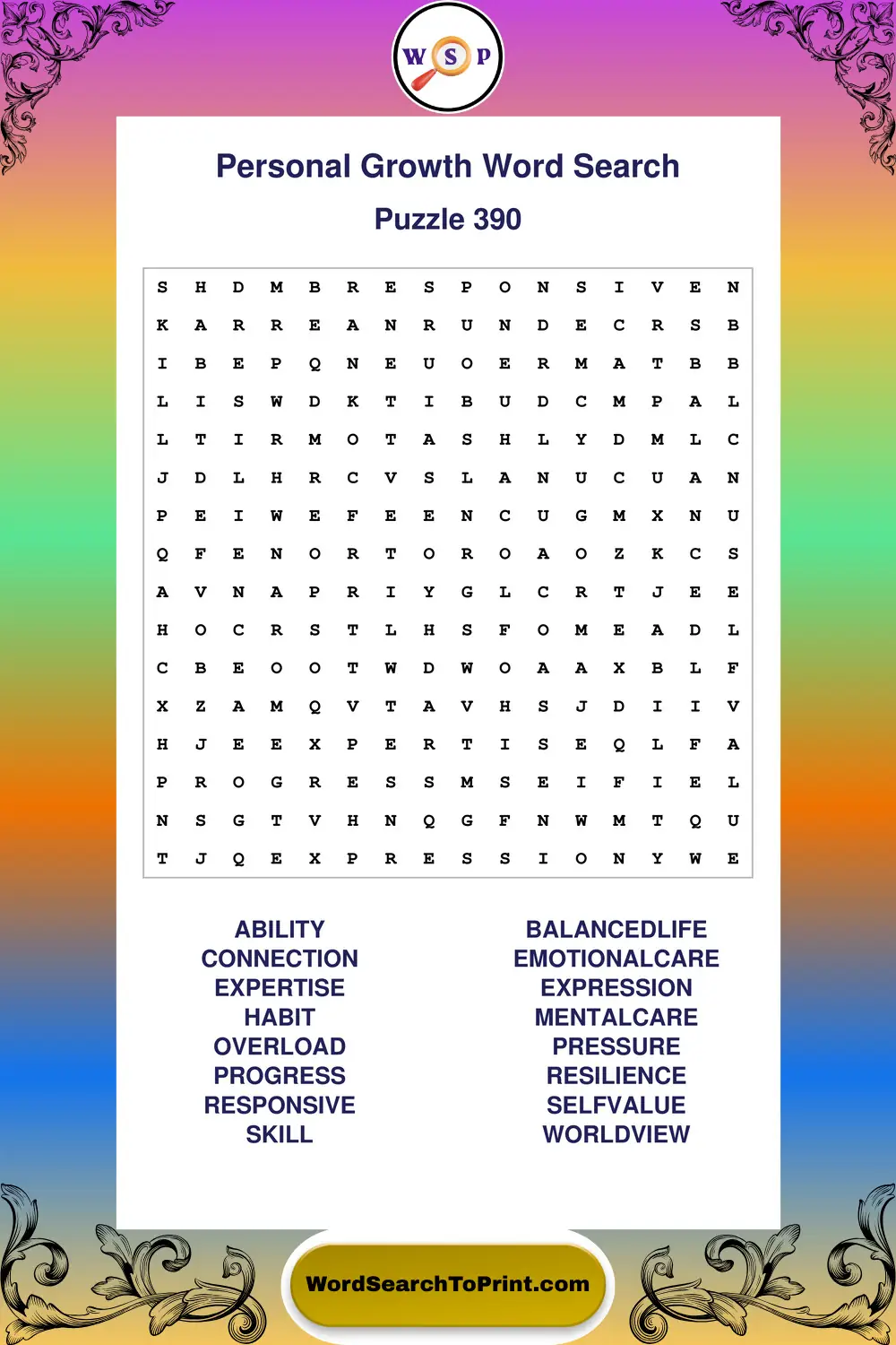 Personal Growth Word Search Puzzle 390