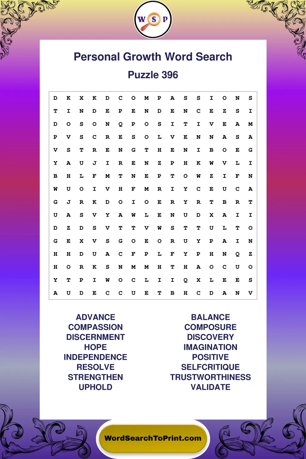 Personal Growth Word Search Puzzle 396