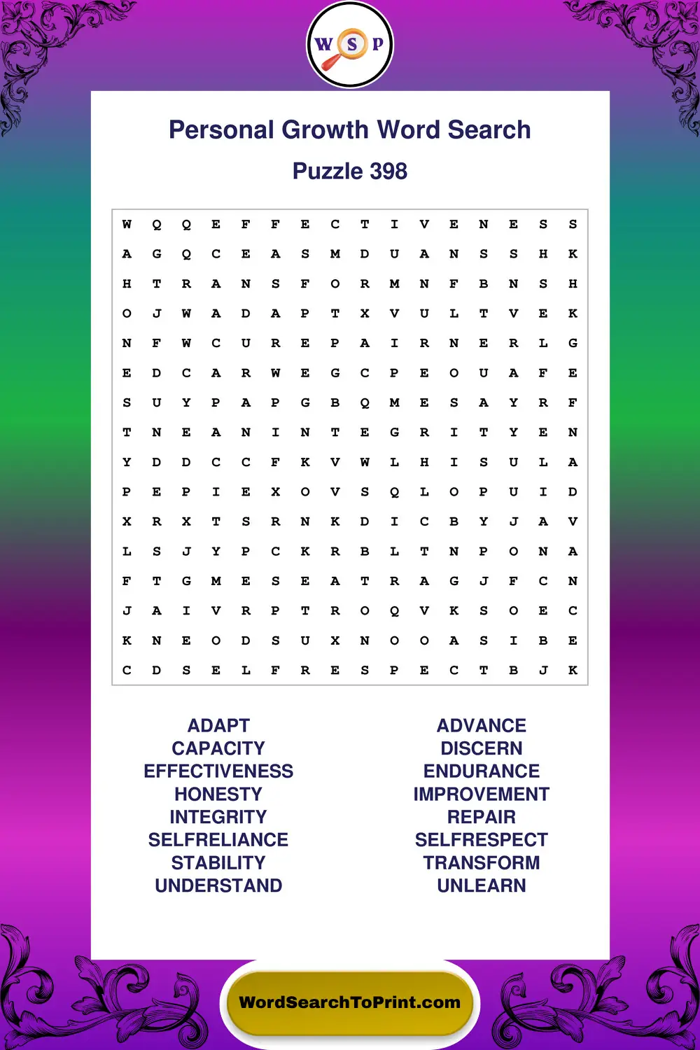 Personal Growth Word Search Puzzle 398