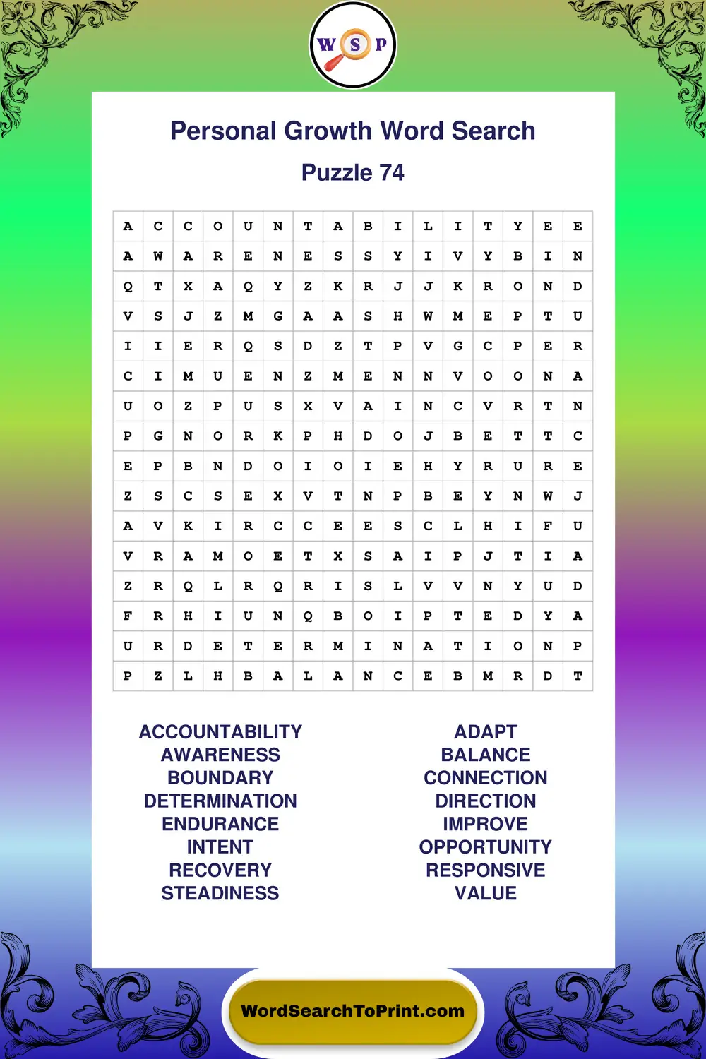 Personal Growth Word Search Puzzle 74