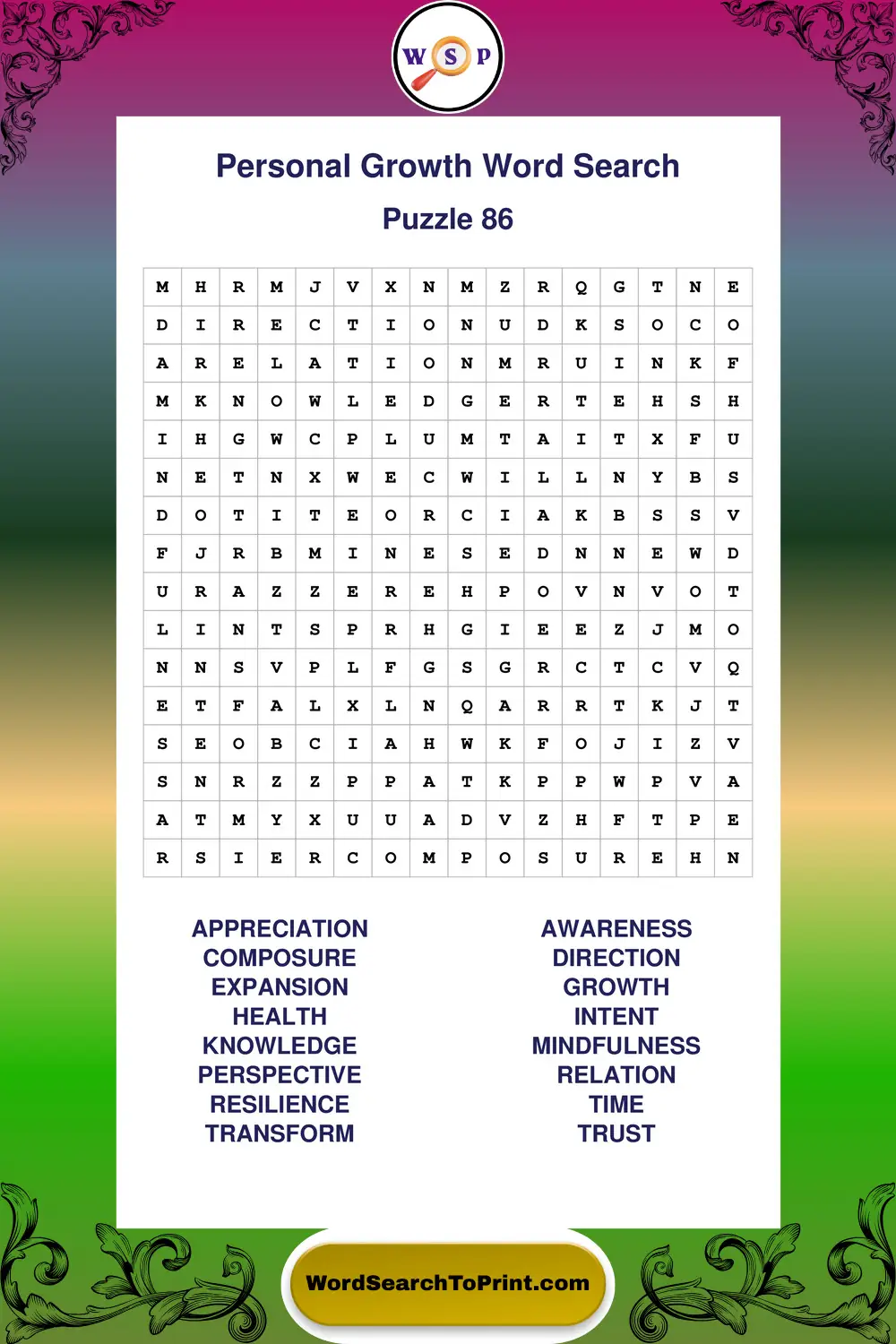 Personal Growth Word Search Puzzle 86