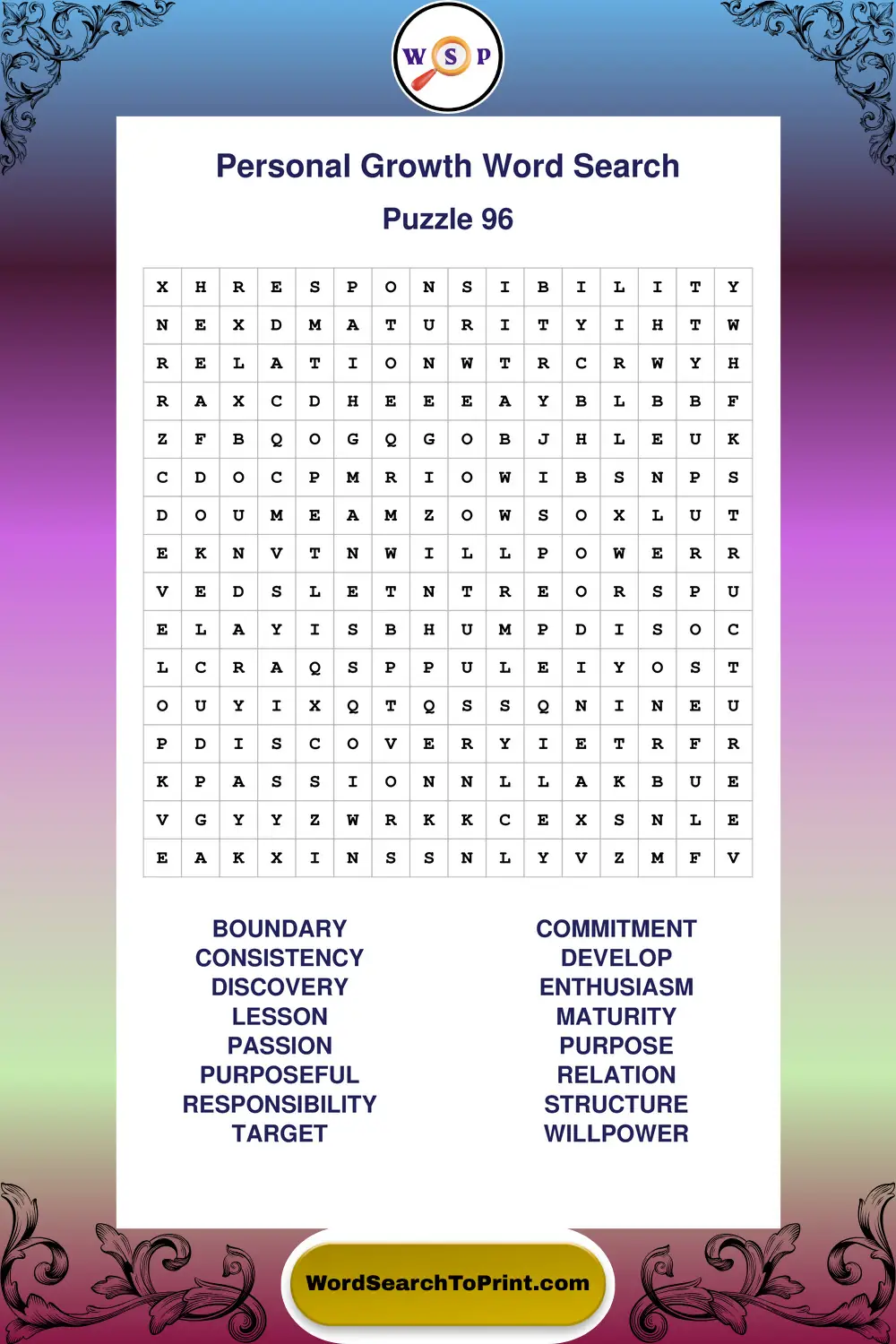 Personal Growth Word Search Puzzle 96