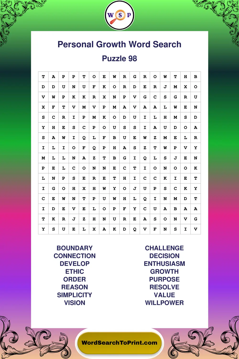 Personal Growth Word Search Puzzle 98