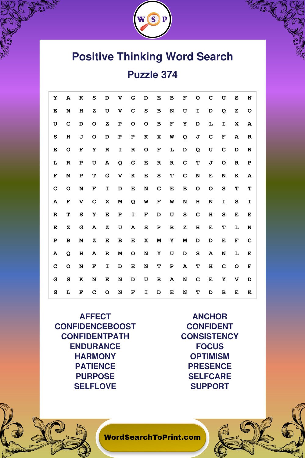 Positive Thinking Word Search Puzzle 374
