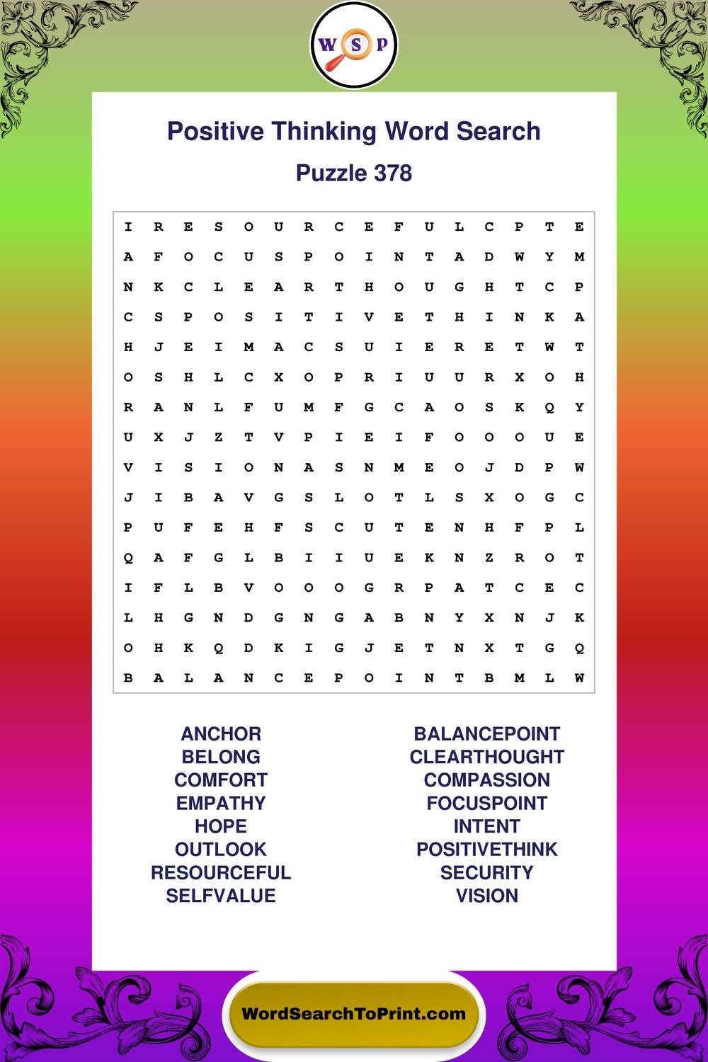 Positive Thinking Word Search Puzzle 378