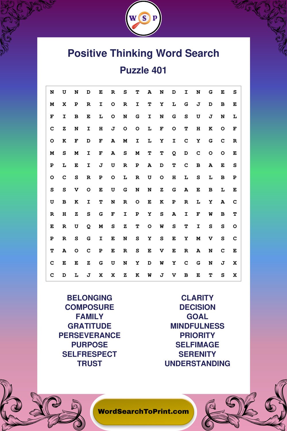 Positive Thinking Word Search Puzzle 401