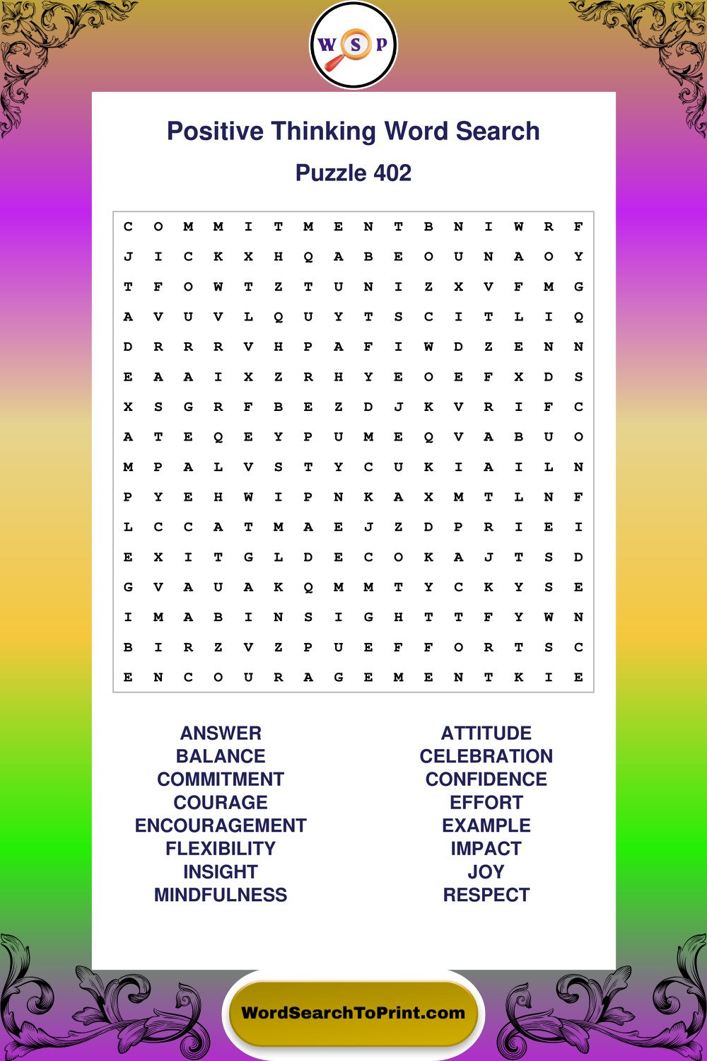 Positive Thinking Word Search Puzzle 402