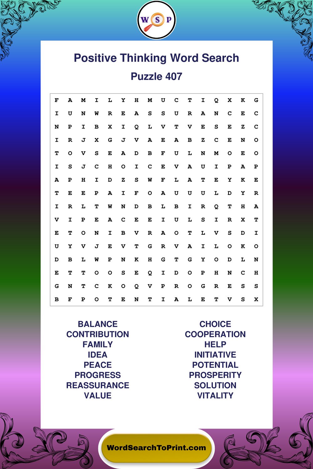 Positive Thinking Word Search Puzzle 407